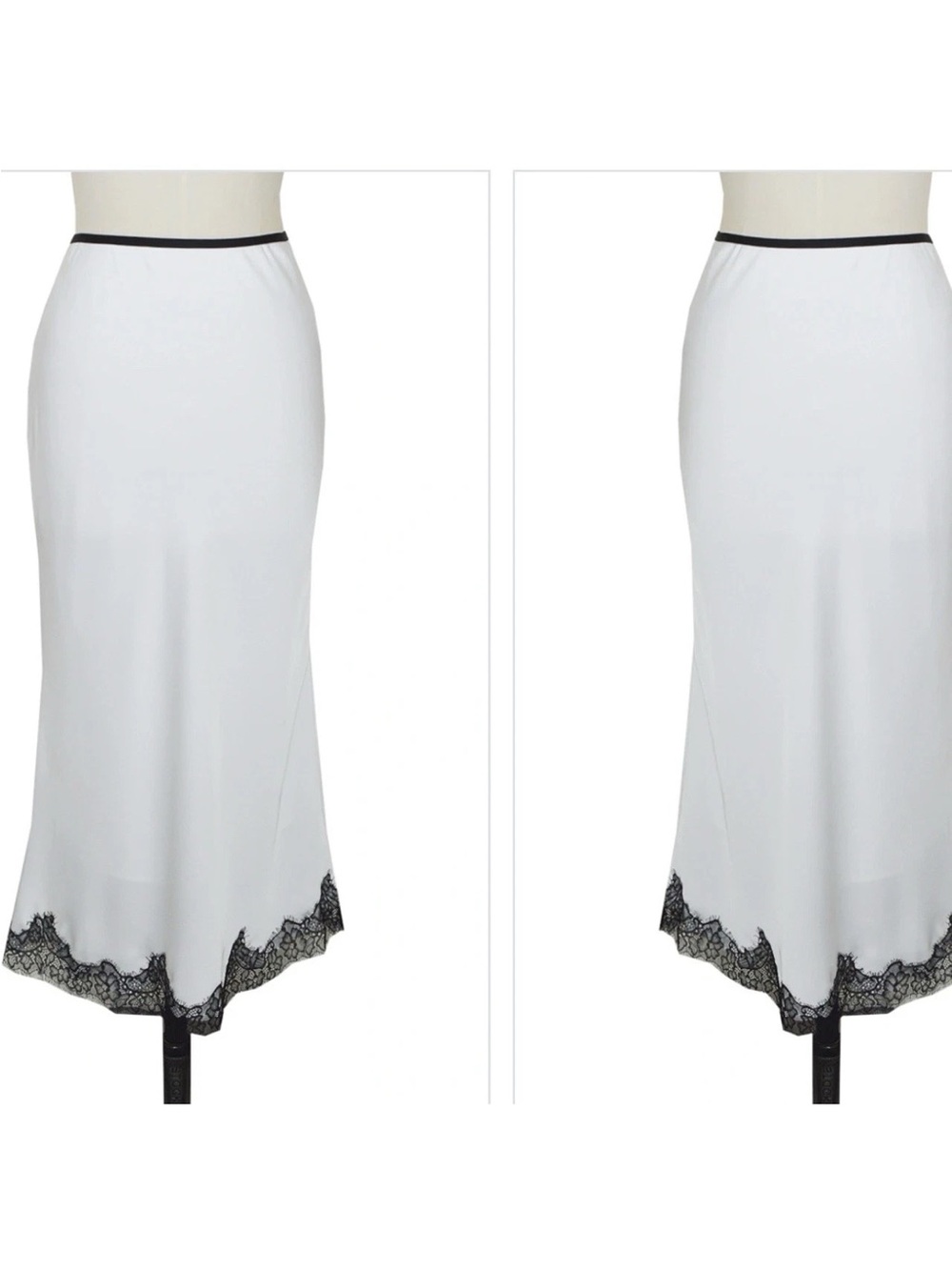 White Maxi Skirt with Black Lace Hem and Waist Trim - Picture 4 of 7